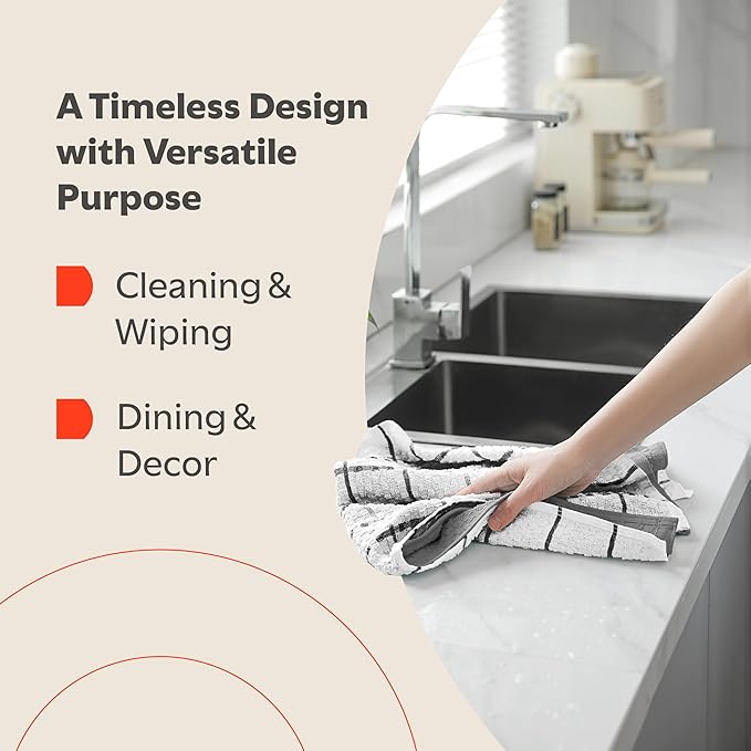 Zeppoli Classic Kitchen Towels - 12 Pack 100% Natural Cotton Kitchen Towel Set, Reusable Wash Cloths, Absorbent Dish Towels, Machine Washable Hand Towels, Kitchen Essentials - 15” by 25” - Gray