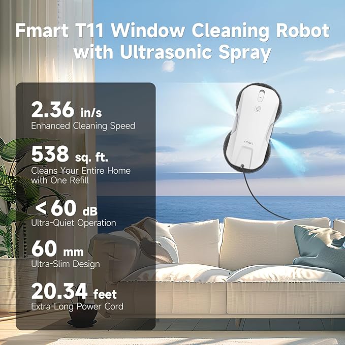 Fmart T11 Window Cleaning Robot, 5300PA Suction, Automatic 4-Way Spraying System, Triple Safety Protection, Smart Navigation, Remote Control, for All Smooth Surfaces, Includes 10 Cleaning Pads. (2025)