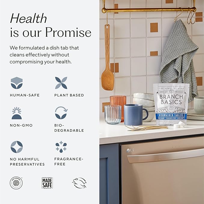 Branch Basics Dishwasher Tablets – 40 Ct, 3 Pack | Plastic-Free, Fragrance-Free, Human-Safe | Delivers a Powerful Clean Without Harsh Chemicals