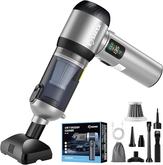 Saker Car Vacuum Portable Cordless 20000Pa Suction Power 4 in 1 Handheld Vacuum&Air Duster with LED Light Type-C Charge Portable Mini Vacuums for Car, Home, Office, Pet HL157 Silver