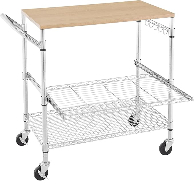 3 Tier Rolling Kitchen Cart with Wood Tabletop, Kitchen Island Carts with Wheels & Slider Shelf, Microwave Cart on Wheels, Coffee Cart with Hooks, 35.4" L*18.1" W*31.9" H，Wood+Chrome