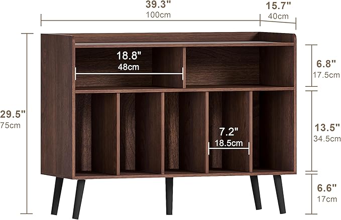 ChooChoo Record Player Stand, Turntable Stand with Vinyl Storage, Record Player Cabinet Up to 350 Albums, Cube Storage Organizer for Living Room, Walnut