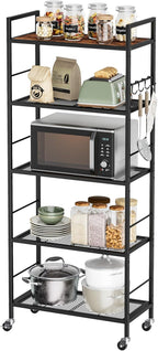 5-Tier Metal Storage Rack with Industrial Wheels,Mesh Shelving Unit with Wooden Table top,Adjustable Shelf,23.6-Inch Width,for Kitchen, Laundry,Pantry,Plant,Black