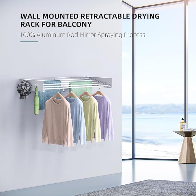 Drying Rack Clothing,Clothes Drying Rack Wall Mounted,Laundry Drying Rack Wall Mount,Foldable,Collapsible,60 lb Capacity 5 Aluminium Poles with 12 Hooks,Space Saving Clothes Drying Rack,White 31.5"