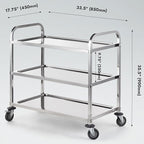 CURTA Stainless Steel Serving Trolley, 34" L x 18" W x 36" H 3 Tiered Shelf Kitchen Utility Cart, Rolling Casters Brake Wheel, Commercial Pro for Restaurant/Hotel/Lab/Clinic/Salon/Workshop