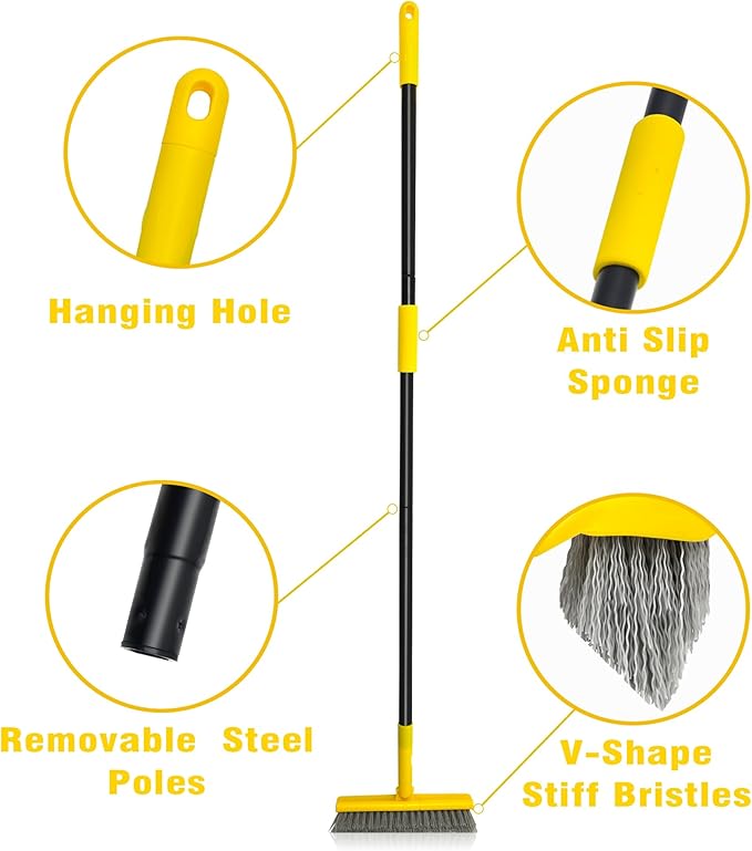 2 in 1 Grout Brush with 49.6" Long Handle, Swivel Grout Cleaning Brush V-Shape Grout Line Scrubber, 180°Rotatable Shower Tile Scrub with Stiff Bristle for Deep Cleaning Shower and Corner
