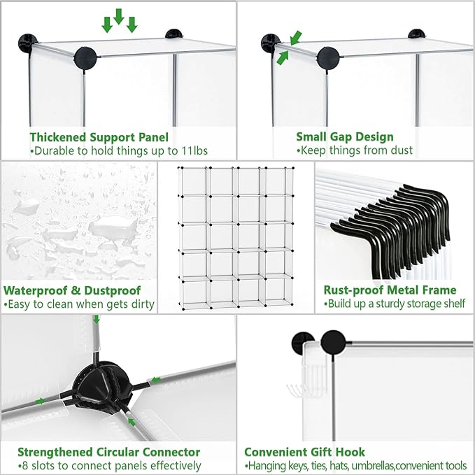 C&AHOME Cube Storage Organizer, 20-Cube Shelves Units, Closet Cabinet, DIY Plastic Modular Book Shelf, Ideal for Bedroom, Living Room, Office, 48.4" L x 12.4" W x 60.6" H Transparent White UPCS20W