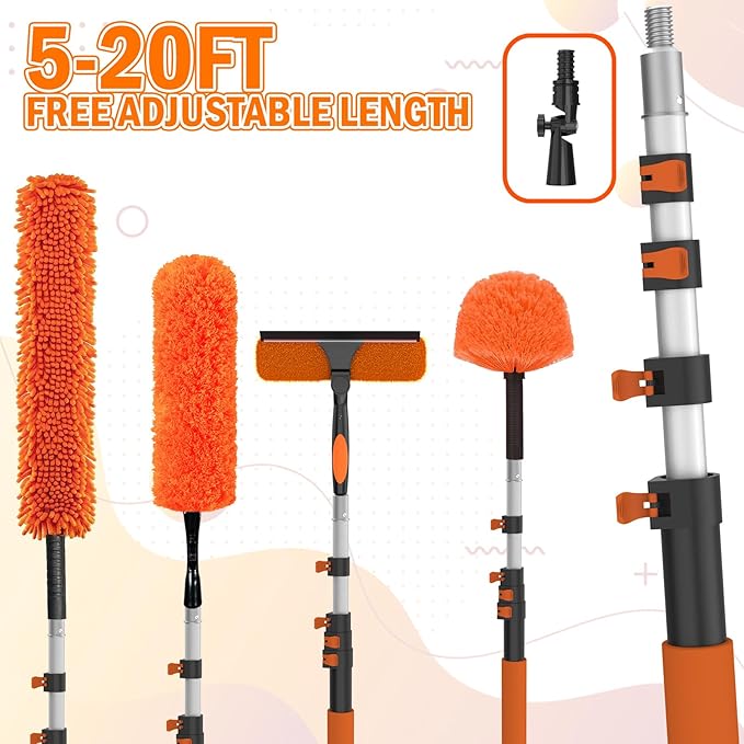 26FT High Reach Duster Cleaning Kit with Extension Pole, High Ceiling Fan Cleaner Duster Tool for Fan Blades, Window Washing Kit with Microfiber Feather Duster & Window Squeegee