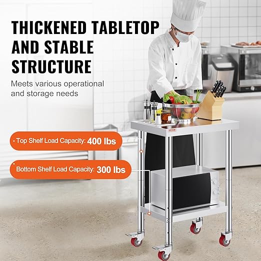 Mophorn 24x18x34 Inch Stainless Steel Work Table 3-Stage Adjustable Shelf with 4 Wheels Heavy Duty Commercial Food Prep Worktable with Brake for Kitchen Prep Work