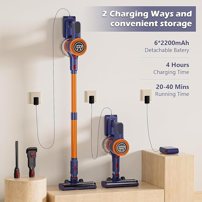 Cordless Vacuum Cleaner,35kPa Strong Suction,2200mAh Removable Battery,6 in 1 Lightweight Handheld Stick Vacuum, Anti-Tangle, for Carpets,Hard Floors,Pet Hair, Orange Gray