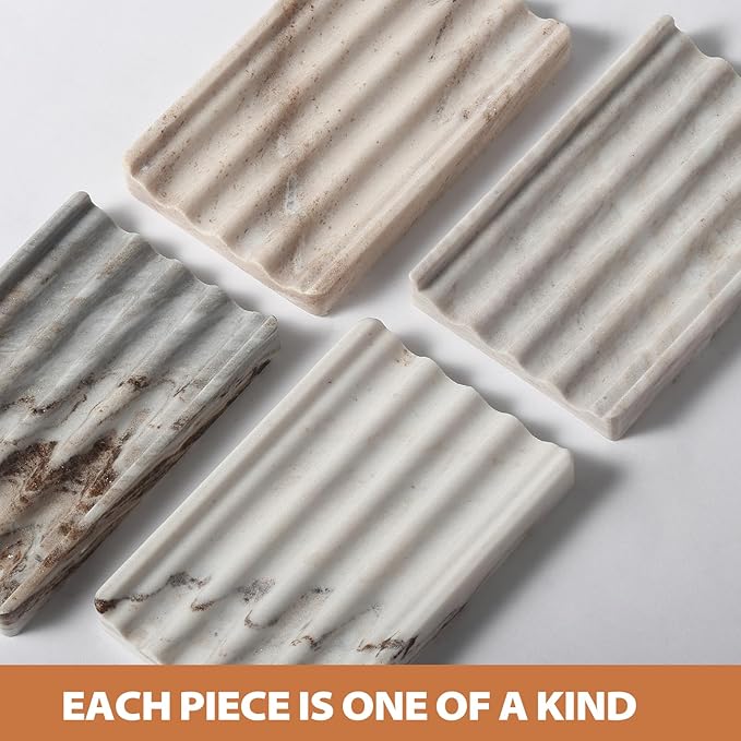 2PCS Koville Italian Natural Marble Soap Dish for Shower, Multi-Color Stone Soap Tray for Bathroom, Bar Soap Holder for Sink, Stripe Grooves Soap Saver Sponge Holder (White/Brown Random)