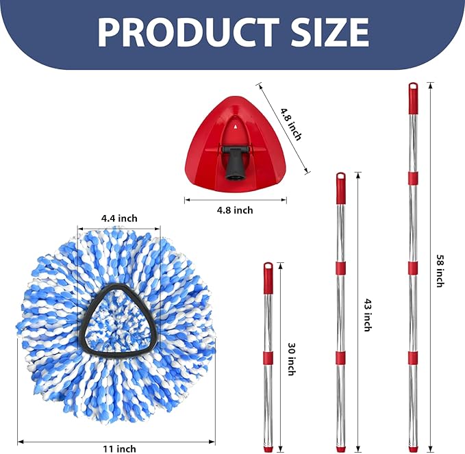 Spin Mop Replacement Set, Includes 2 Mop Head Replacement, 1 Mop Handle (30-58in Adjustable 4-Section Pole), 1 Spin Base