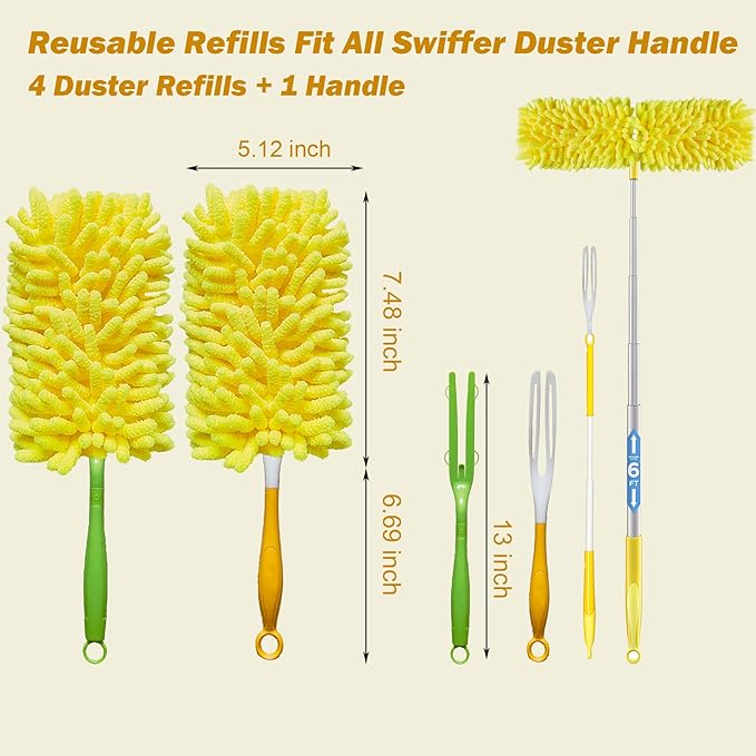Reusable Duster for Swiffer, 4 Refills +1 Handle, 360 Heavy Duty Duster Refill Compatible with Swiffer Hand Dusters, for Dusting Furniture, Blinds, Ceiling Fans, Walls and More, Yellow