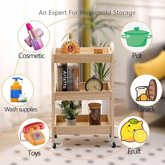 3-Tier Rolling Craft Cart, light-colored wood, Sturdy, Waterproof, with Wheels, for Kitchen, Bathroom, Laundry
