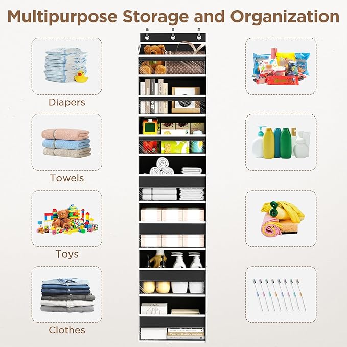 Over The Door Organizer, 7 Tier Door Hanging Organizers with 7 Large Pockets 12 Side Pockets, Behind Door Storage Hanging Shelves for Closet Bathroom Bedroom Nursery