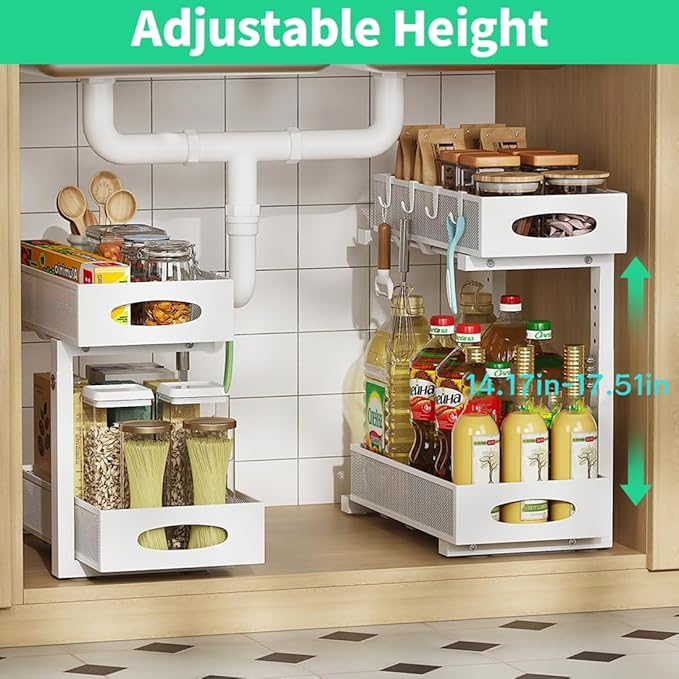 Under Sink Organizer, 2-Tier Pull Out Cabinet Organizer with Adjustable Height, Use in Kitchen Bathroom Cabinet and Countertop Storage, White, 2-Pack