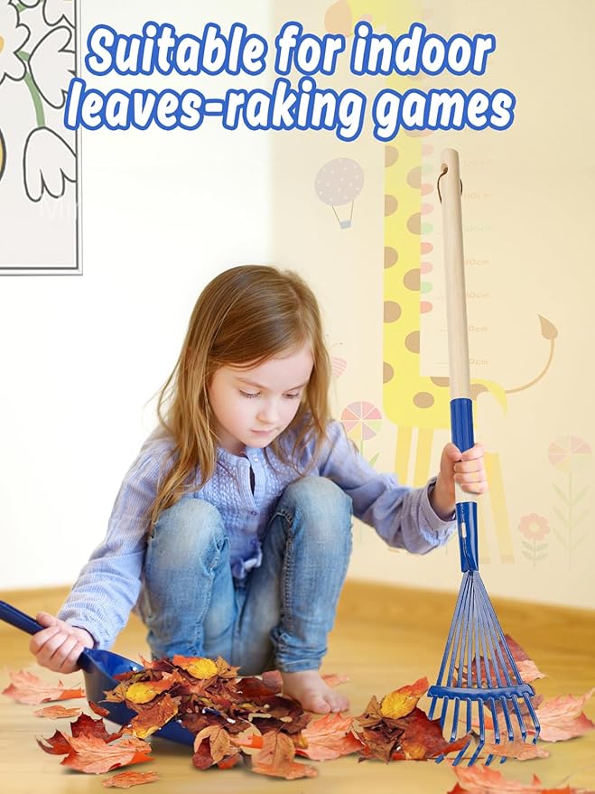 Kids Friendly Rakes for Leaves - 28" Child Size Small Rake with Durable Metal Head & Hardwood Handle, Real Lawn Garden Yard Tools for 3+ Years Kids Enjoy Helping Work Gifts (Blue)