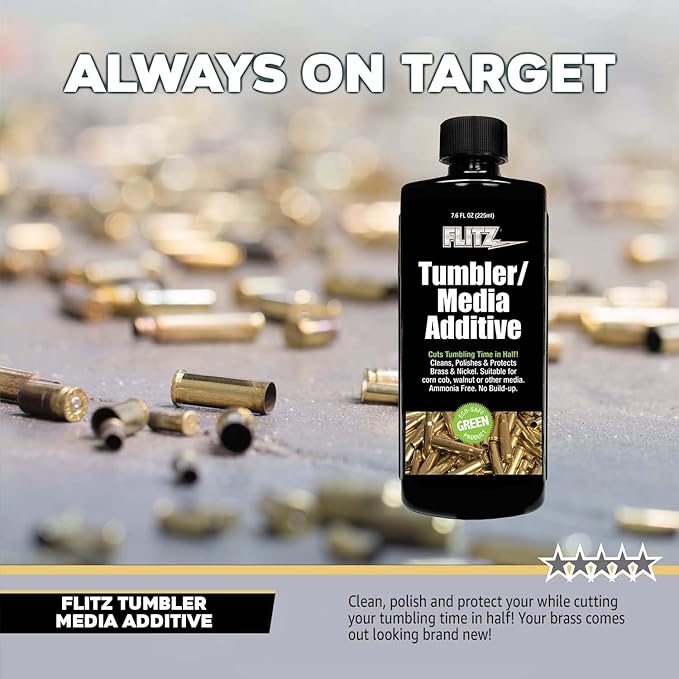 Flitz Tumbler Media Additive - 7.6oz Bottle of USA-Made Brass Cleaner Reloading Liquid for Ammo, Copper, & All Metals - Ammonia-Free Tumbling Polish to Remove Oxidation, Powder Residue (1 Pack)