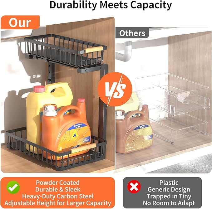 Under Sink Organizer, 2 Pack Under Sink Organizers and Storage, 2-Tier Pull Out Under Cabinet Organizer Storage Shelf, Metal Frame, Height Adjustable Rack for Bathroom Kitchen Pantry