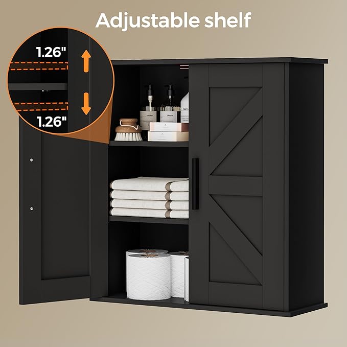Bathroom Wall Cabinet, Over Toilet Storage Cabinet with Barn Doors and Adjustable Shelves, 3-Tier Medicine Cabinet Wall Mounted, for Bathroom, Kitchen, Entryway, Laundry Room, Black, (7.9" D)