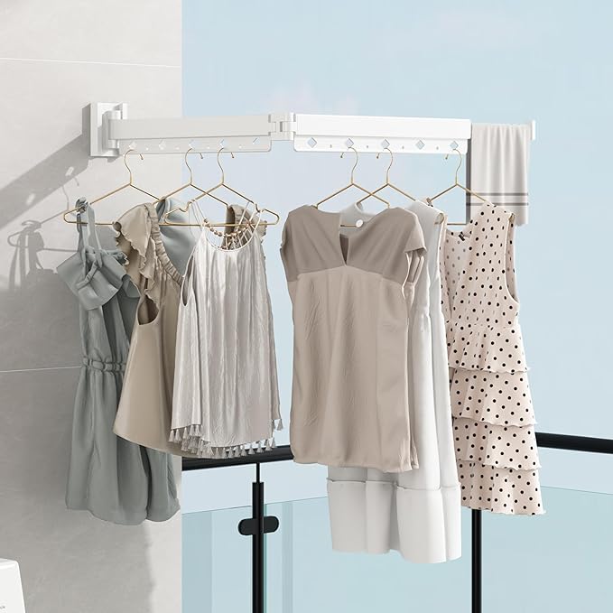 Clothes Drying Rack, Retractable and Foldable Laundry Drying Rack Wall Mount for Indoor, Space Saver Clothes Hanging Rack for Laundry Room, Balcony, Closet, Bedroom(Double-Fold),White