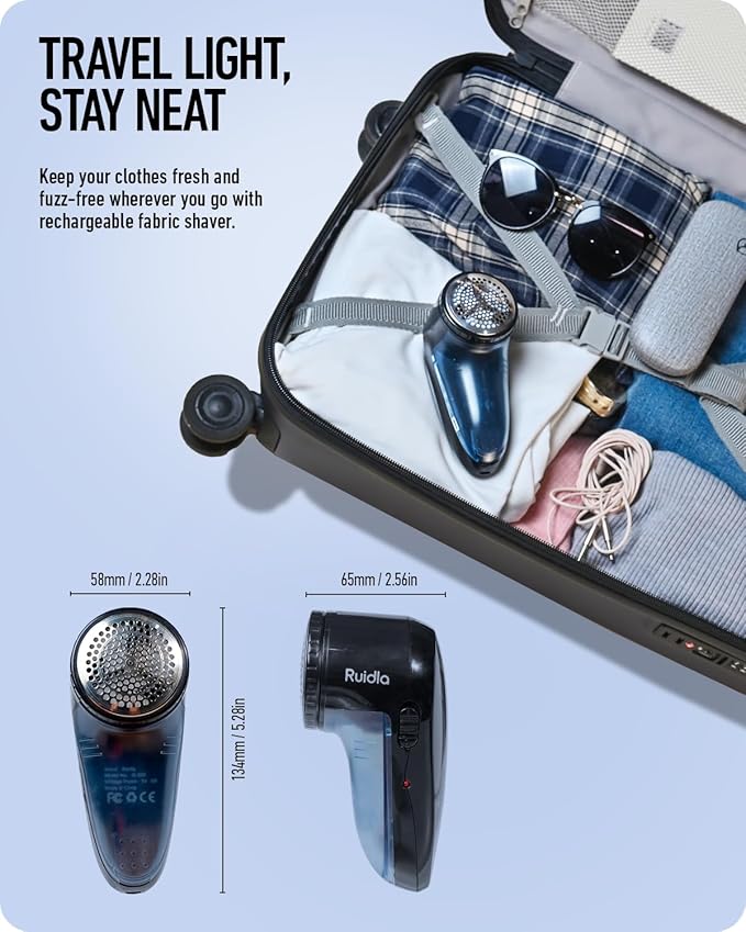 Ruidla Fabric Shaver Defuzzer, Electric Lint Remover, Rechargeable Sweater Shaver with Stainless Steel 3-Leaf Blades, Dual Protection, Removable Bin, Easy Remove Fuzz, Lint, Pills, Bobbles