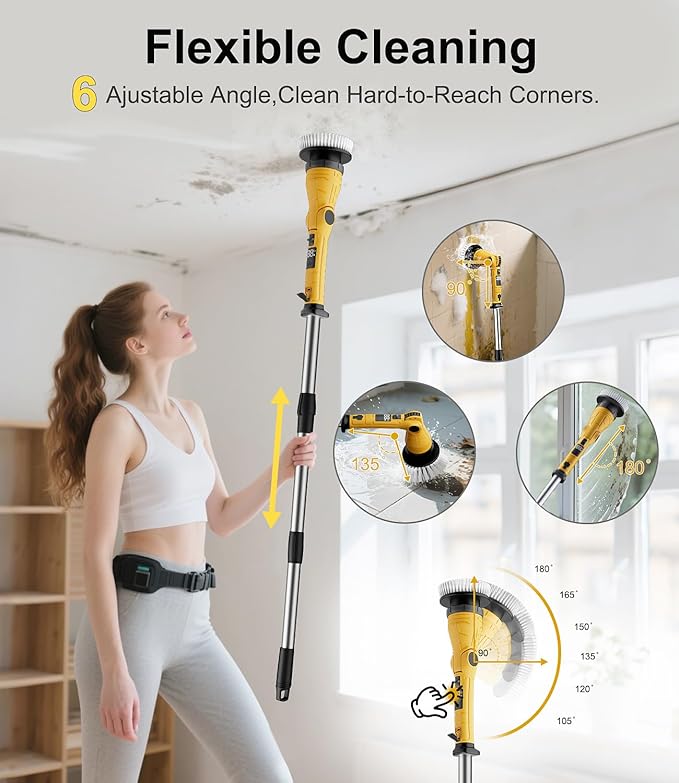 Electric Spin Scrubber with 8 Replaceable Brush Heads 6 Adjustable Angle Waterproof LED Display Cordless Cleaning Brush Supplies Bathroom Cleaner Set Long Handle Power Scrubber for Shower Floor Tub