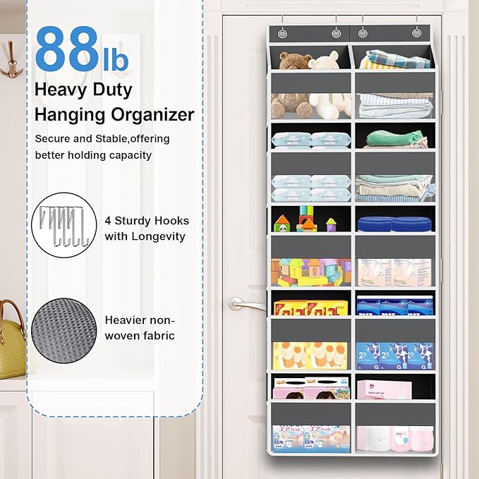 Over The Door Organizer Multi Pocket,5 Tier Large Hanging Shelf for Storage Kids Toys, Diapers, Clothes,Yarn,Heavy Duty Behind Door Storage for Bedroom Bathoom Nursery Closet Pantry,Gray