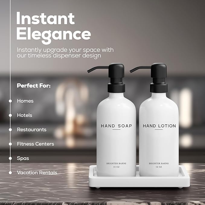White Glass Soap and Lotion Dispenser Set with Tray by Brighter Barns - Hand Soap Dispenser Bathroom Set & Stainless Steel Pump for Home, Vacation Rental - Modern Bathroom Accessories & Decor (White)