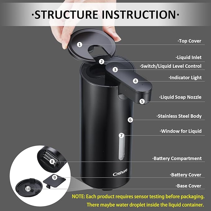 utomatic Soap Dispenser, Automatic Soap Dispenser Touchless, Kitchen & Bathroom, 3 Adjustable Volume for Liquid Soap, Water-Resistant, Hotel, Restaurant and School, Clog-Free, Black