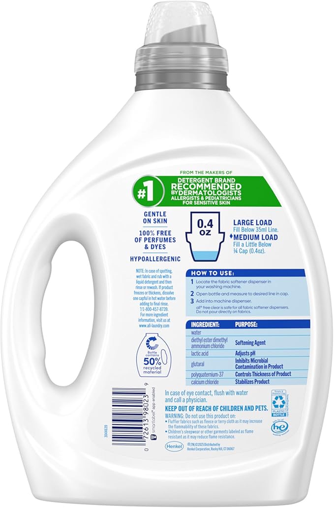 Original, Liquid Fabric Softener for Sensitive Skin, Unscented and Hypoallergenic, Concentrated, 80oz, 200 Loads