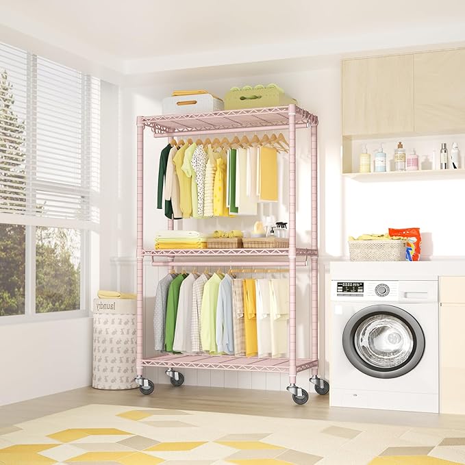 P3 Rolling Clothes Rack, Clothing Racks for Hanging Clothes, Heavy Duty Garment Rack with Wheels, Freestanding Portable Closet Organizer 39.4''W x 14''D x 78.5''H, Max Load 464 LBS, Pink