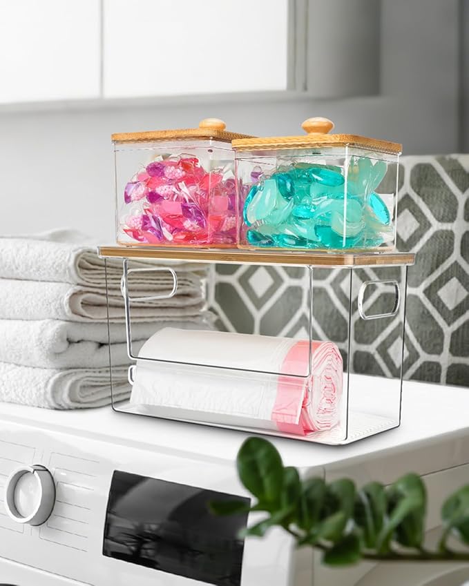 Trash Bag Dispenser 2 Pack, Acrylic Garbage Bags Dispenser with Bamboo Top, Extra Large Trash Bag Holder Dispensers Under Sink for Kitchen, Cabinet, Laundry Room, Pantry Organizer and Storage