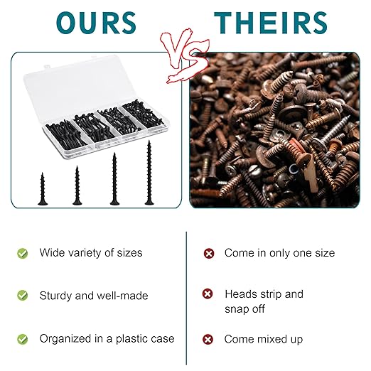 Drywall Screws Assortment Kit - 170 Pcs Black Wood Screws Phillips Tips, Coarse Thread Sheetrock Screws Set, Self Tapping Screws 4 Sizes 1",1-1/4",1-5/8",2in