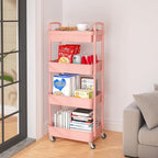 Calmootey 4-Tier Rolling Utility Cart with Drawer,Multifunctional Storage Organizer with Plastic Shelf & Metal Wheel,Storage Cart for Kitchen,Bathroom,Living Room,Office,Pink