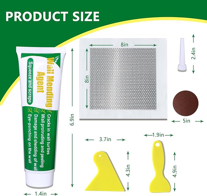 Wall Patch Repair Kit, 500g Wall Mending Agent Drywall Repair Putty & 8 Inch Mesh Drywall Repair Kit, with Scraper and Sandpapers.