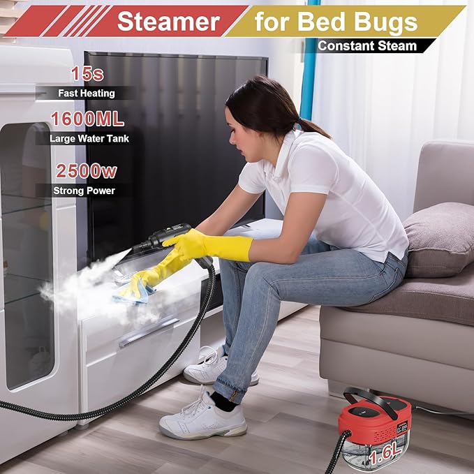 Steam Cleaner for Home, 15s Heat-Up, 1.6L Water Tank, 3-Level Adjustable Handle, Handheld Steam Cleaner for Car Detailing, Dirt, Furniture, Couch, Floor Tile, Bathroom, Bed Bugs, 12Pcs Accessories