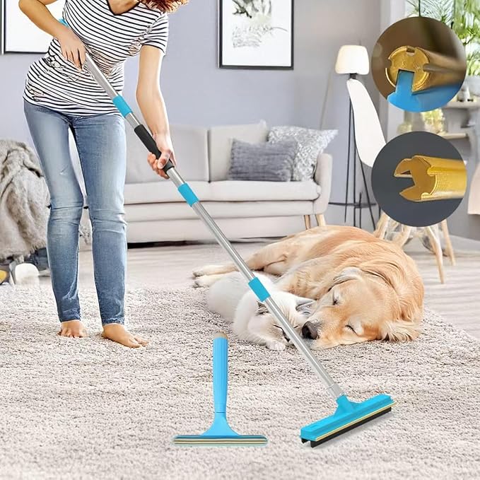 Carpet Rake for Pet Hair Removal Tool, Updated Reusable Pet Hair Remover with 56” Adjustable Long Handle, 2 in 1 Rubber Broom and Carpet Brush Scraper for Rugs, Mats, Couch, Furniture (2pcs)