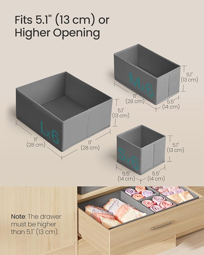 SONGMICS Drawer Organizers, Dresser Divider Organizers, Set of 18, Foldable Fabric Storage Boxes for Socks, Underwear, Bras, Ties, Scarves, Dove Gray URDZ006G05