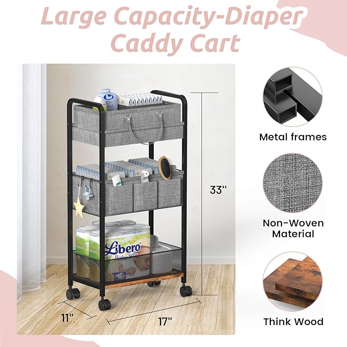 2In1 Baby Diaper Caddy & 3-Tier Rolling Diaper Cart, Diaper Caddy Organizer Cart with Dividers, Mobile Metal Utility Cart for Nursery Essentials, Detachable Bedside Cart, Large Capacity