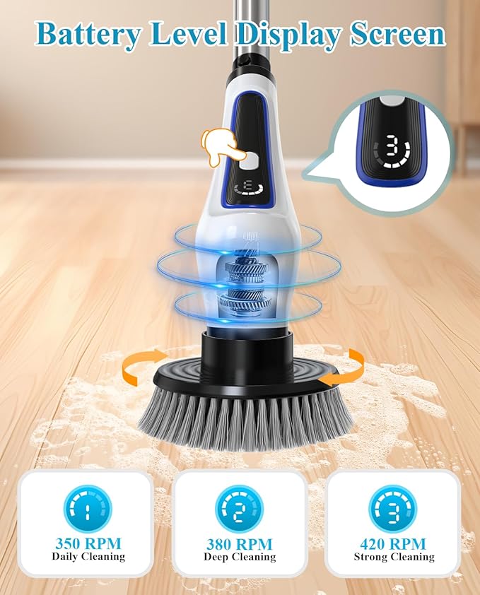 Electric Spin Scrubber, Rocfinity Cordless Cleaning Brush with 9 Brush Heads, 3 Adjustable Speeds and Extension Handle for Bathtub, Kitchen, Window,Full-Body IPX7 Waterproof Bathroom Cleaner Brush