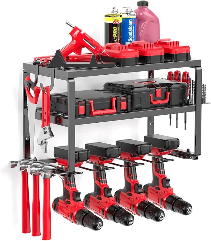 Heavy Duty Drill Holder & Power Tool Organizer Wall Mount, Metal Cordless Tool Organizer for Cordless Drill, Accessory Holder Rack (3 TIER 4 DRILL HOLDER, Without Charging Station)