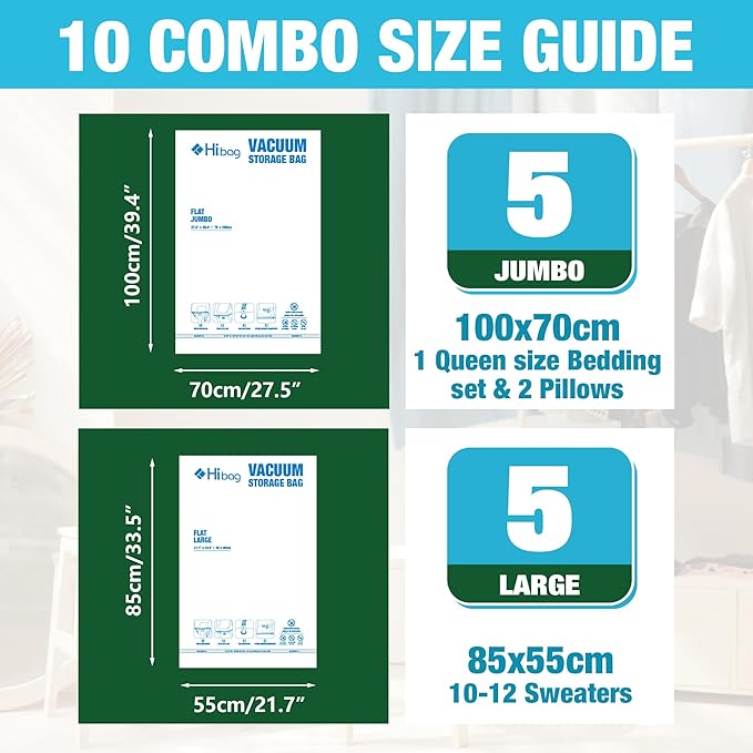 Vacuum Storage Bags, 5 Jumbo and 5 Large Space Saver Vacuum Seal Bags, Space Bags, Vacuum Seal Bags for Clothing, Clothes, Blankets, Bedding (5 Jumbo 5 Large)