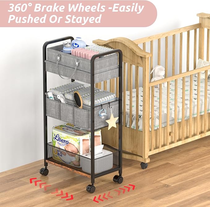 2In1 Baby Diaper Caddy & 3-Tier Rolling Diaper Cart, Diaper Caddy Organizer Cart with Dividers, Mobile Metal Utility Cart for Nursery Essentials, Detachable Bedside Cart, Large Capacity