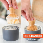 Full Circle Bubble Up Bamboo Dish Brush & Ceramic Soap Dispenser – Family Safe, Formaldehyde-Free – Kitchen Scrub Brush for Dishes, Nonstick & Cast Iron, Gray