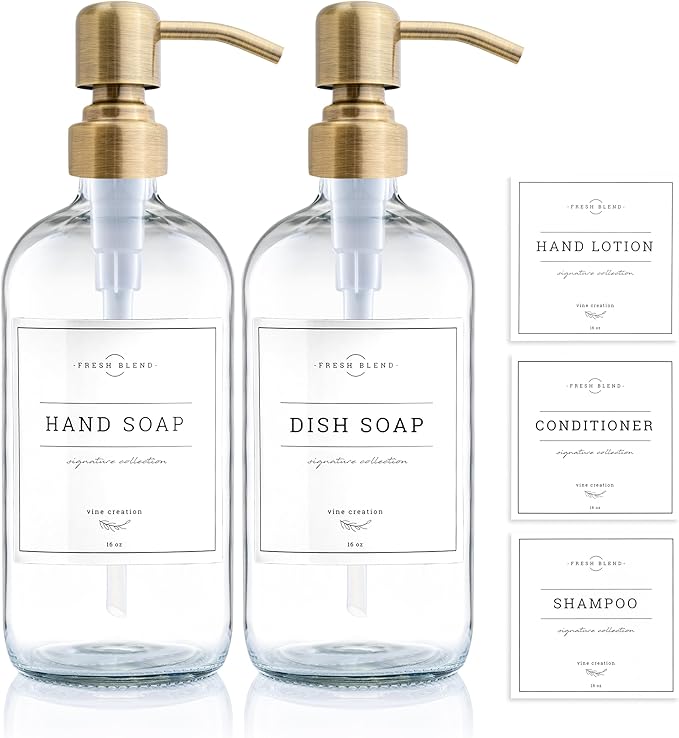 Vine Creations Clear Glass Soap Dispenser, 2 Pack Kitchen Soap Dispenser Set with Stainless Steel Pump, 16 oz Dish Soap and Hand Soap Dispensers for Bathroom with Waterproof Labels