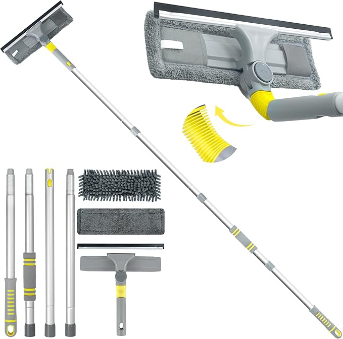 JEHONN Window Cleaning Squeegee Kit, 64 inches Tall Professional Shower Glass Washing Equipment, 3 in 1 Wall Cleaner Duster with Extension Pole for Home Indoor Outdoor Mirror Car Windshield