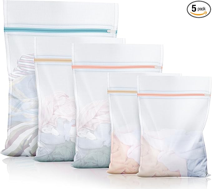 5-Pack Mesh Laundry Bags for Delicates | Zippered Wash Bags for Bras, Shoes, Travel, College Dorm Essentials in 3 Sizes (2 Small, 2 Medium, 1 Large)