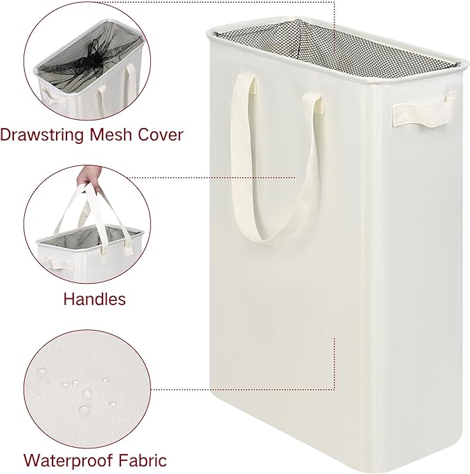 efluky Slim Laundry Basket, Narrow Laundry Hamper with Handles, Collapsible Dirty Clothes Hamper, Tall Laundry Bin for Laundry Room, Dorm and Bedroom, 12.7 Gallons(48L) Beige