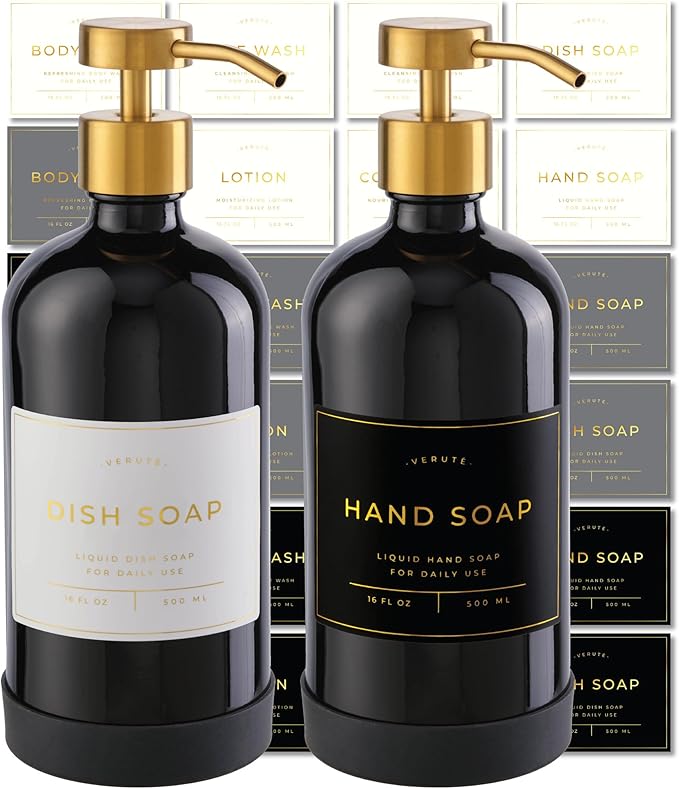16oz Glass Soap Dispenser with Stainless Steel Pump, 21 Waterproof Labels, Non-Slip Protective Silicone Pad, Set of 2 for Bathroom & Kitchen (Gloss Black Bottle/Brushed Gold Pump)